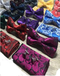 Paisley Bow Tie Set Bow Tie And Hanky Cufflinks Set Silk Jacquard Woven Men Butterfly BowTie Pocket Square Handkerchief Suit Wed9525521