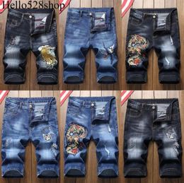 Hello528shop Casual Denim Jeans Shorts for Men Summer Vintage Embroidery Slim Straight Knee Length Pants Ripped28201979501253