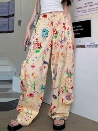Women's Pants Graffiti Estampado Floral Cargo Wide Leg Fashion High Waist Pocket Colorful Female Summer Sport Y2K Trouser