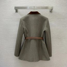 Women's Jackets Autumn And Winter Suit Coat Contrast Panel Lapel Letter Pocket Double Button With Belt Jacket Slim Outwear D23100568