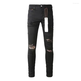 Men's Jeans Black Denim Slim Fit Streetwear Distressed Skinny Stretch Damaged Destroyed Hole Ripped Long