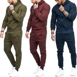 Men's Tracksuits Men Two Piece Pant Set Hooded Zipper Sweatshirts Solid Full Sleeve Thick Pullovers Drawstring Trousers Pockets Winter 2024