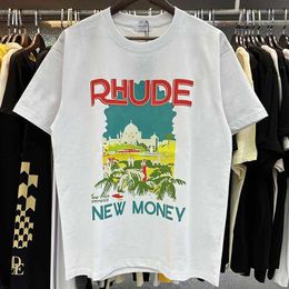 Herren T -Shirts Rhude T -Shirt Castle Coconut Tree Windowsill landschaftsbezogener lockerer atmungsaktives kurzarmes T -Shirt Männer Frauen Paare Top Tee 8wtg