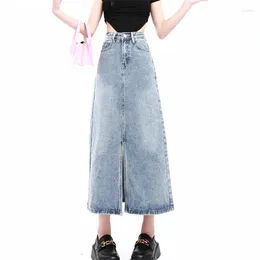 Skirts Women's High Waist Design Blue Denim Skirt Summer American Street Simple Style A-line Straight Med Length Femal