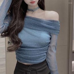 Women's Blouses Lucyever Sexy Blue Mesh Bling Blouse Women Elegant Slim Fit Slash Neck Shirts Female Korean Fashion Folds Long Sleeve Tops