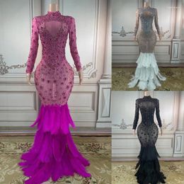 Stage Wear 4 Colors Rhinestones Long Dress Birthday Celebrate Costume Party Evening Dresses Women Feather Tail Ballroom XS4769