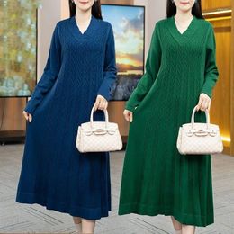 Casual Dresses Women Elegant Knit Dress For Autumn Winter 2024 Fashion V-neck Plaid Wave Pattern Female Long Loose A-Line Sweater