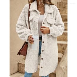 Women's Trench Coats Wepbel Winter Fleece Jackets Women Long Sleeve Open Button Lapel Plush Coat Loose Long-Cut Outwear