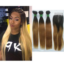 1B27 Ombre Blonde Straight Bundles with Closure Brazilian Peruvian Malaysian Human Hair Weave 3 Bundles with 4x4 Middle Part Lac1844785