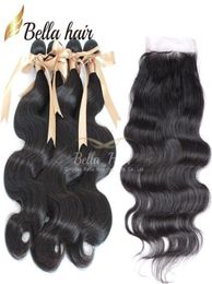Bellahair Indian Virgin Human Hair Weave Body Wave Top Closure With Bundle Hair Extensions Double Weft 4PCS Add 1PC 4x4 Lace Closu5699423