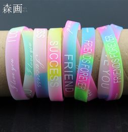 Jewellery Whole 100pcs letters Print Luminous Silicon Bracelet Mixed Colours 12mm wide Rubber glow wristbands for men women0396311878