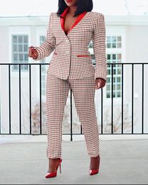 Women's Two Piece Pants Plaid Print Shawl Collar Blazer Coat & Set Women Tracksuit Pieces Single Breasted Pockets Pencil Slim