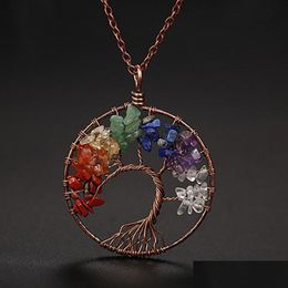 Pendant Necklaces Weave Tree Of Life Natural Stone Pendant Necklace Bronze Wire Agate Amethyst Turquoise Beads Necklaces For Women Chi Dhmcu