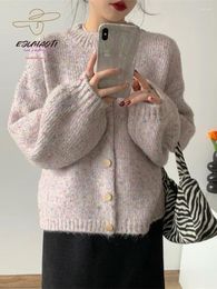 Women's Knits Korean Fashion Sweater Cardigan Winter Retro Colour Mixture Yarn Knitwears Lantern Sleeves Coat Girls Sweet Pink Tops