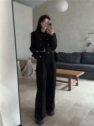 Women's Two Piece Pants Black Standing Collar Short Coat For Women Autumn And Winter 2024 High Waist Wide Leg Suit