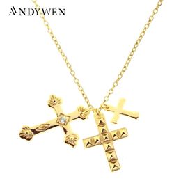 ANDYWEN Winter 925 Sterling Silver Gold Three Cross Pendant Charm Long Chain Necklace Fashion Fine Jewellery Gift 240102