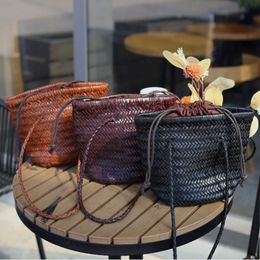 Spring and summer top layer cowhide handmade woven bag French genuine leather vegetable basket genuine leather women's shoulder bag ins 240102