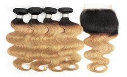 KISSHAIR T1B27 Dark Root Honey Blonde Extensions Body Wave Ombre Human Hair Weave 4 Bundles with Lace Closure Coloured Brazilian Vi2613763