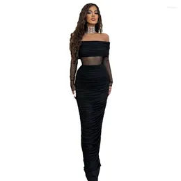 Casual Dresses Women's Mesh See Through Mini Bodycon Dress Black Monochromatic Long Sleeve Party Club Clothing Spring