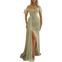 Casual Dresses Ladies Shiny Sequins Feather Splicing Maxi Dress Slit Hem Slim Fit Long For Women 2024 Cocktail Party Evening Gowns