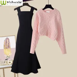 Work Dresses Winter Creative Asymmetric Thickened Knit Sweater Pullover Slim Sling Dress Two-piece Elegant Women's Skirt Set Outfit