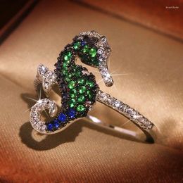 Cluster Rings Milangirl 2024 Fashion Silver Color Sea Creature Seahorse Inlaid Sparkling Crystal Rhinestone Zircon Ring For Women Jewelry