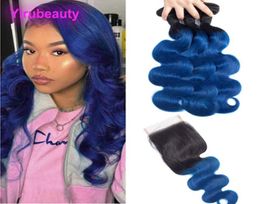 Indian Virgin Hair 1B Blue Ombre Human Hair Body Wave Bundles With 4X4 Lace Closure Middle Three Part Hair Extensions 1028q9268832