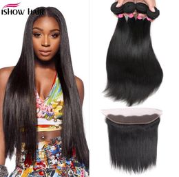 Ishow Body Wave Extensions 13x4 Lace Frontal Peruvian Loose Deep Kinky Curly Human Hair Bundles with Closure Straight Water for Wo9938700