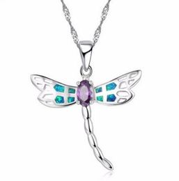 New Women Dragonfly Design Pendant Necklace 925 Sterling Silver Blue Fire Opal Necklaces Jewelry for Lady2473074