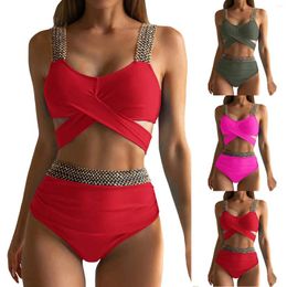 Women's Swimwear Bikini Set For Women Bathing Suit Tank Swimsuit Mid Waist Deep V Neck Wide Straps Mesh Back Hook Two Piece Dresses Teens