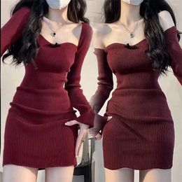 Casual Dresses Spicy Girls Sexy Knitted Dress Square Collar Christmas Red Skirt Autumn And Winter Underlay Wrap Hip