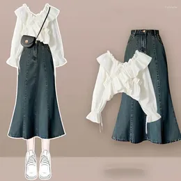 Work Dresses Spring Autumn Outfits 2024 Arrival Fashion Age Reducing Bubble Sleeve Shirt Denim Fishtail Dress Two Piece Set For Women