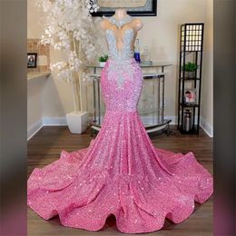 Glitter Pink Mermaid Prom Dress For Black Girls Sparkly Crystal Rhinestones Beading Birthday Party Homecoming Sequins Gowns