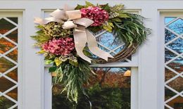 Farmhouse Pink Hydrangea Wreath Rustic Home Decor Artificial Garland for Front Door Wall Decor Q08126112521