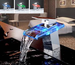 Bathroom Waterfall Led Faucet Glass Water fall Brass Basin Mixer Tap Deck Mounted sink9733636