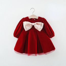 Girl Dresses Girls Casual Thicken Autumn Winter Korean Sweet Bow Knot Red Long Sleeved Baby Plush Warm Underlay Mesh Yarn