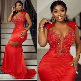 Lastest Aso Ebi Prom Dresses Red Sheer Neck Mermaid Illusion Beaded Evening Dresses Elegant Birthday Party Dress Engagement Gowns for Nigeria Black Girls ST736