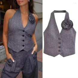 Women's Tanks 2024 Women Flower Halter Vest Sexy Backless V-neck Sleeveless Vests Woman's Solid Single Breasted Waistcoat Chic Party