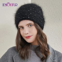 ENJOYFUR Women Knitted Winter Hats Thick Warm Angola Rabbit Fur Hair Rhinestone Bonnet Female Fashion Good Quality Winter Beanie 240102