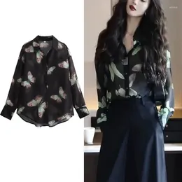 Women's Blouses Fashion Butterfly Print Shirt Black Lapel Collar Long Sleeve Button Elegant Translucent Female Shirts