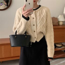 Women Knitted Twisted Round Neck Sweater Short Small Cute Blouse Girls Thick Line Pink Beige Sweaters Wholesaler 1340