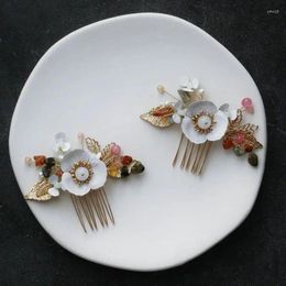 Hair Clips Gorgeous Natural Stone Wedding Jewellery Gold Colour Leaf Bridal Comb Handmade Enamel Flower Women Accessories