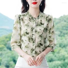 Women's Blouses Elegant And Youth Woman Female Autumn Half Sleeve Stand Collar Vintage Floral For Older Ladies Of 50 Years