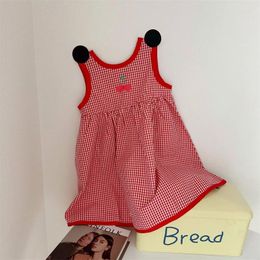 Girl Dresses 5299B Children Clothes Girl's Vest Dress 2024 Summer Cherry Print Plaid Cotton Casual Kid's