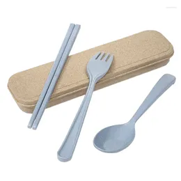 Dinnerware Sets 3PCS/Set Wheat Cutlery With Box Straw Portable Travel Dinner For Students Kithen Tableware Dining Appliance Set