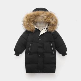 Kids Thicken Warm Down Coat Boys Winter Real Fur Hooded Long Parkas Girls Cotton Down Jackets Outerwears Teen Children Clothing 231229