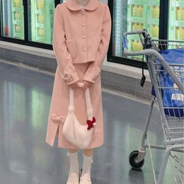 Two Piece Dress Sweet Cherry Blossom Pink Flannel Coat And Set For Women In Winter Arrival Thick Autumn With Bowknot Slimming