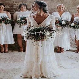 Rustic Country Boho Wedding Dress 2024 Puff Sleeves Sexy V Neck Backless Bohemian Civil Bride Dress Elegant Lace Farm Elf Gatsby Vestidos De Novia Robe Mariee