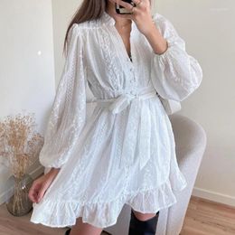 Casual Dresses White Jacquard Embroidery Lace Party Dress Women Spring V-neck Button Ruffle A-Line Autumn Long Sleeve Tie-up Mini