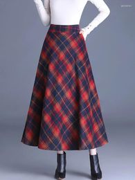 Skirts Korean Thick Woolen Pleated Long Skirt For Women 2024 Fall Winter Vintage Plaid A Line Pockets High Waist Midi Female Warm